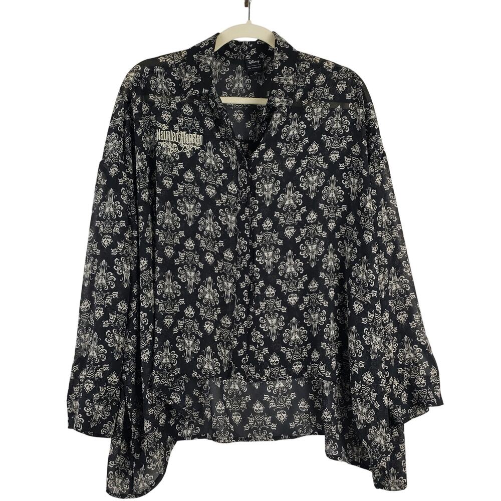 Disney Haunted Mansion Women S/M Wallpaper Print Sheer Blouse Black Baroque Goth
